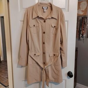 Mary McFadden Woman Tan Safari Belted Shirt Jacket Khaki Utility Shacket 22W